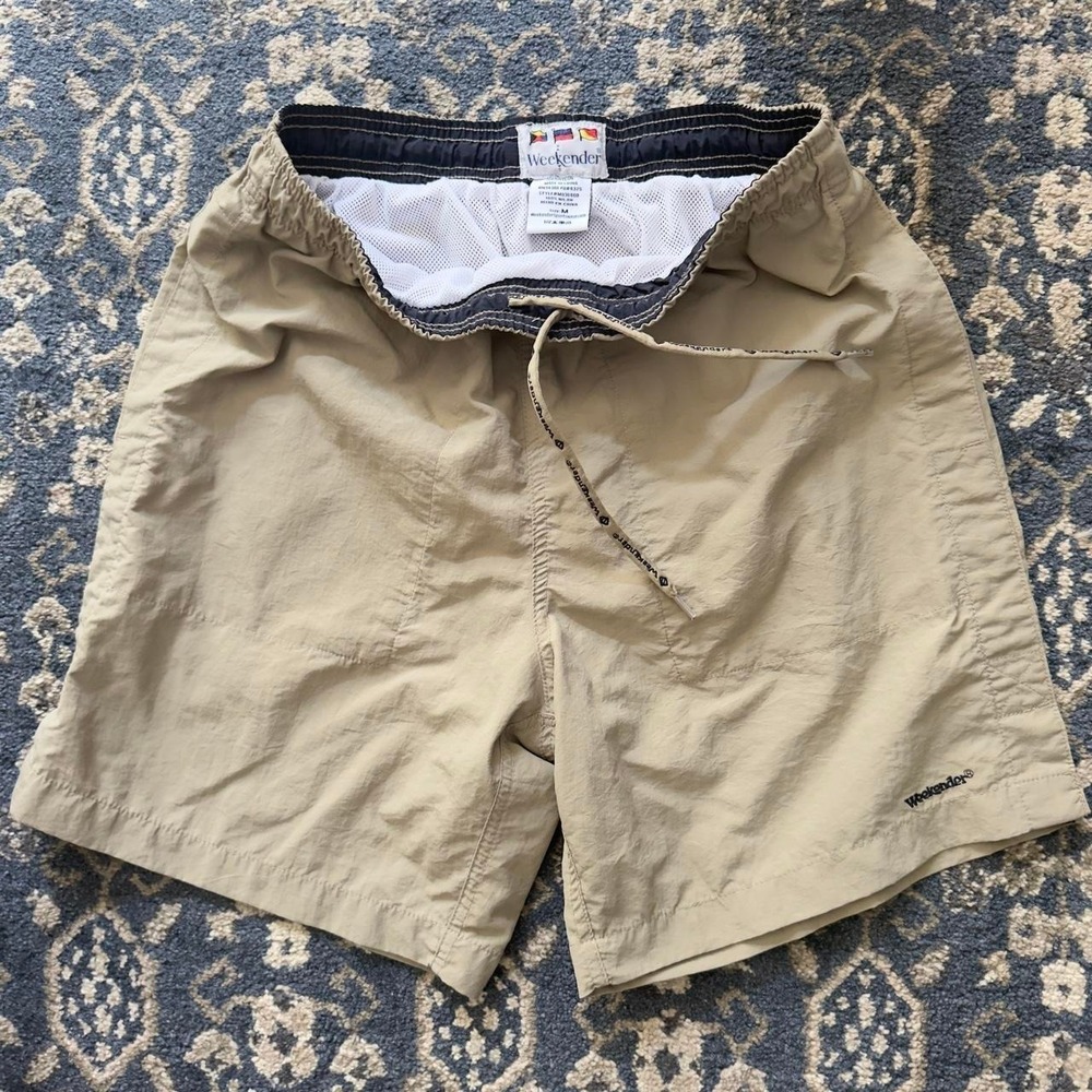 Vintage Weekender Khaki Nylon Swim Trail Shorts Mesh Lining Mens Medium